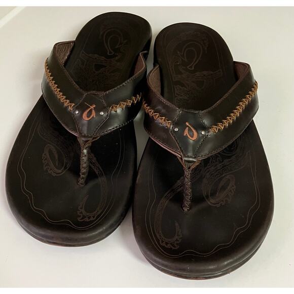 OluKai Mea Ola Men’s Leather Sandals Brown Thong Flip Flops Size 13 US 46 EU - Picture 1 of 8